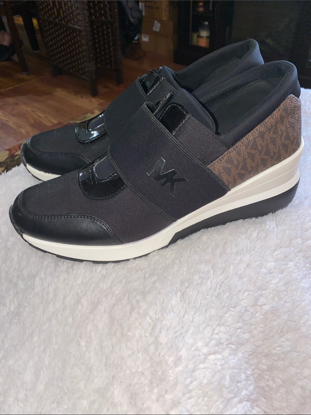 Michael Kors Black Wedge Slip-On Sneakers with Brown MK Heel Panel